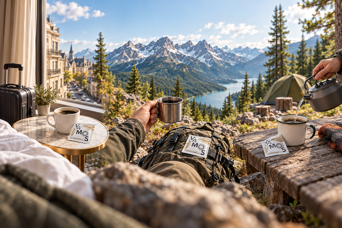 A person relaxes outdoors by a mountain lake with a scenic view of snow-capped peaks. A metal mug is held up, with coffee cups on a rustic table nearby.