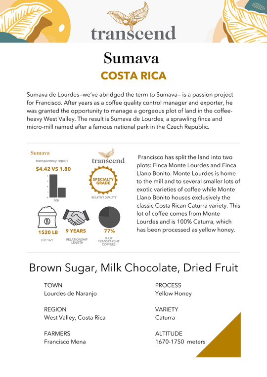 Transcend Sumava coffee product description with details on origin, flavor profile, and quality information.