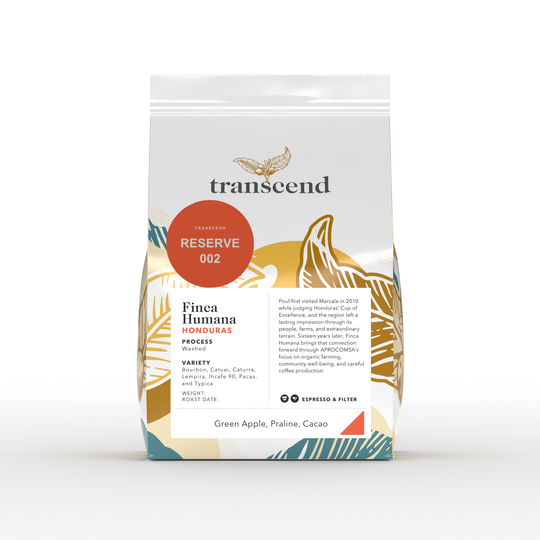 A bag of Transcend Coffee 300g Finca Humana. 