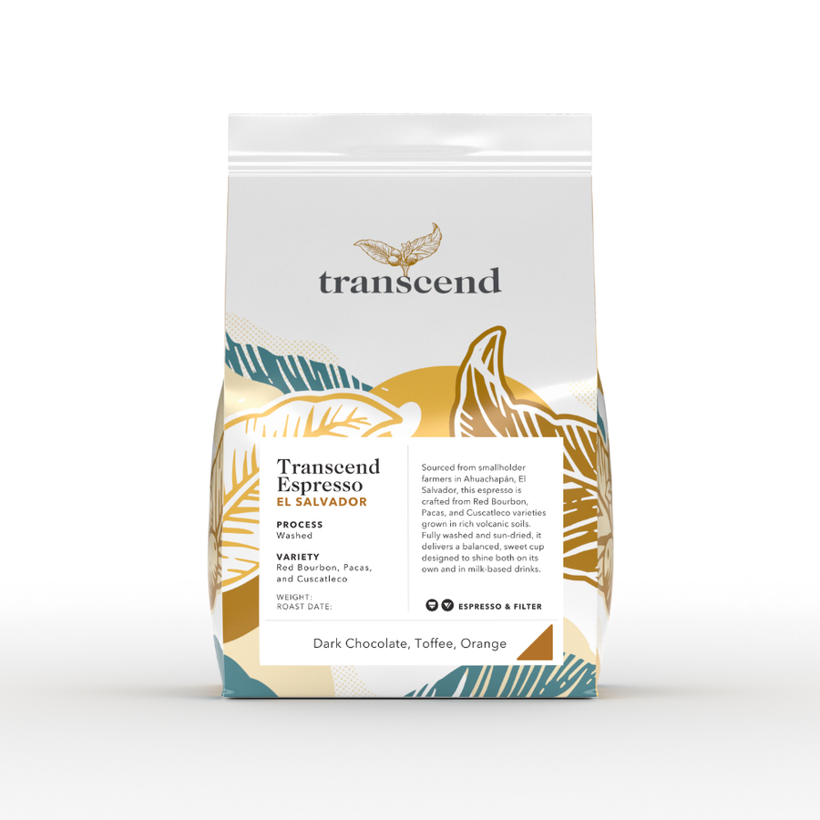 00g bag of Transcend Coffee’s Espresso El Salvador, with colourful label design and white packaging