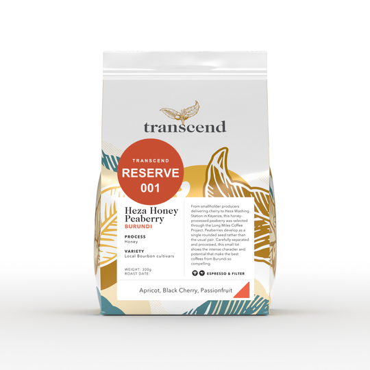 A bag of Transcend Coffee 300g Heza Honey Peaberry.