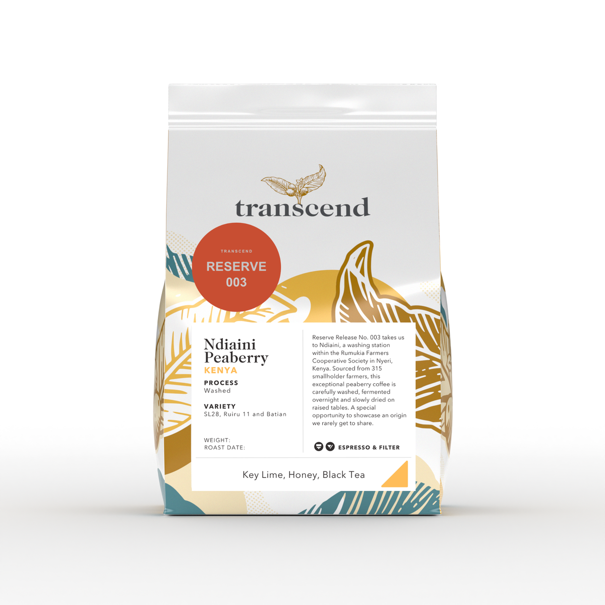 A bag of Transcend Coffee 300g Ndiaini Peaberry. 