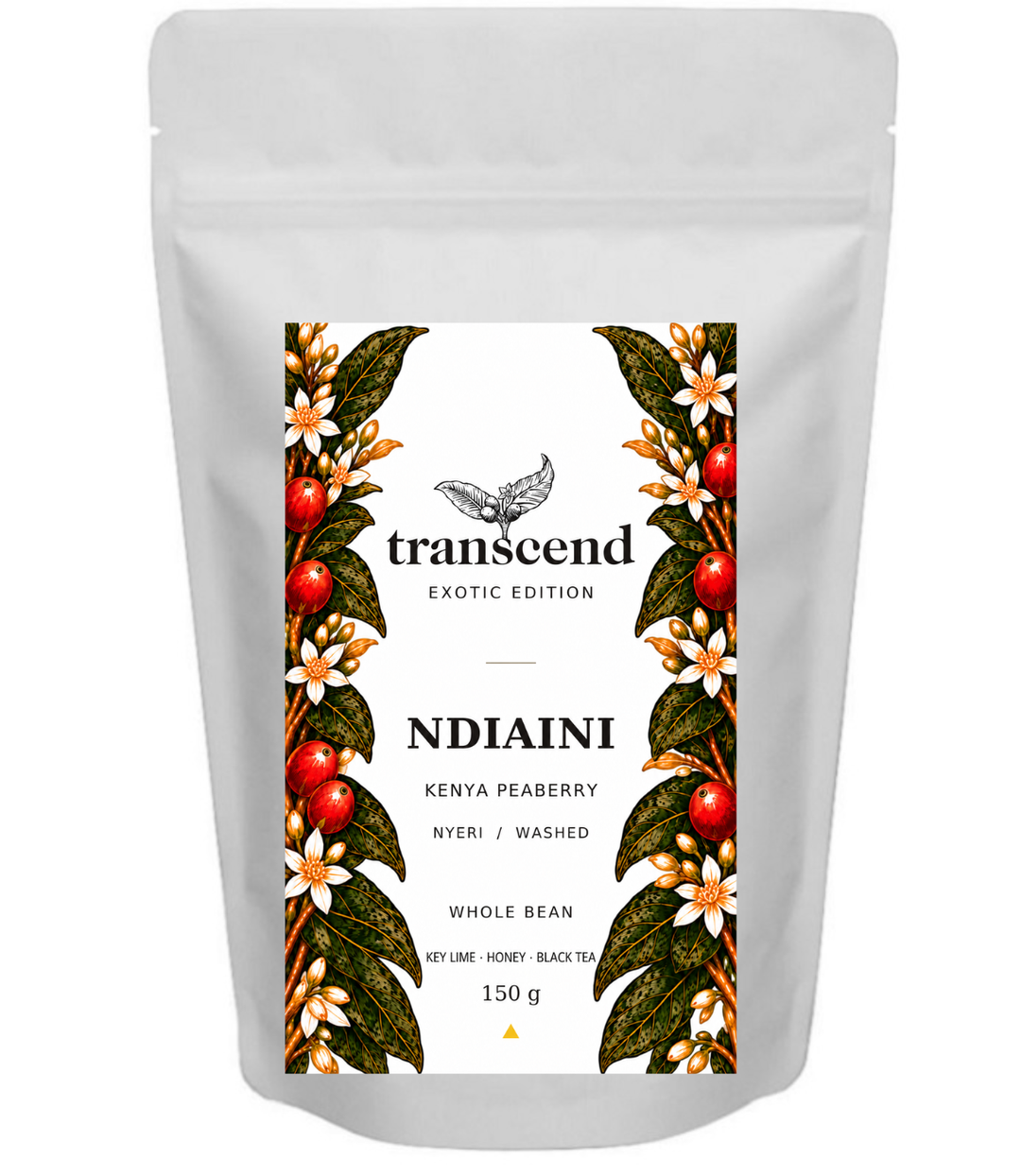 A bag of Transcend Coffee 150g Ndiaini Peaberry. 