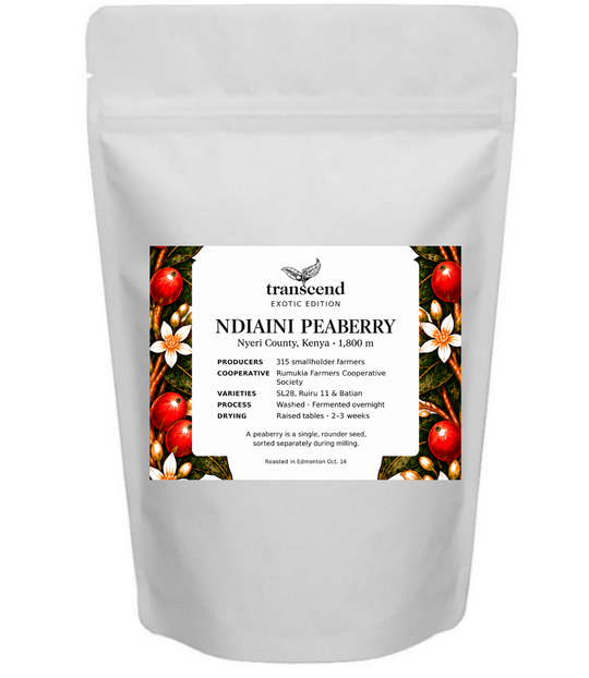 A bag of Transcend Coffee 150g Ndiaini Peaberry. 