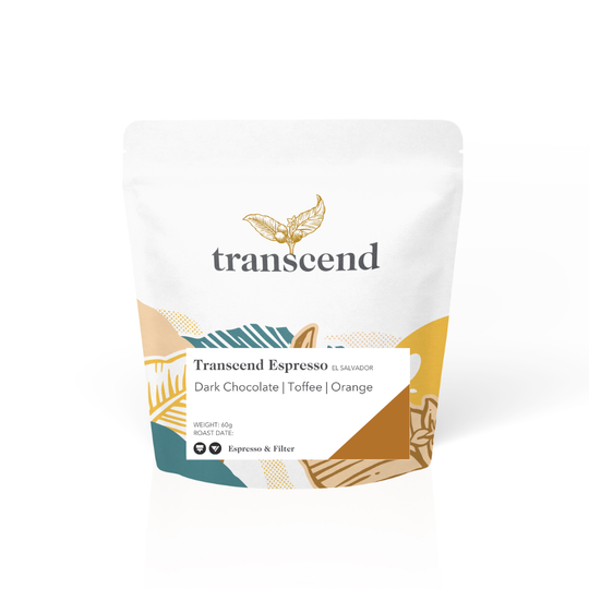 60g bag of Transcend Coffee’s Espresso El Salvador, with colourful label design and white packaging