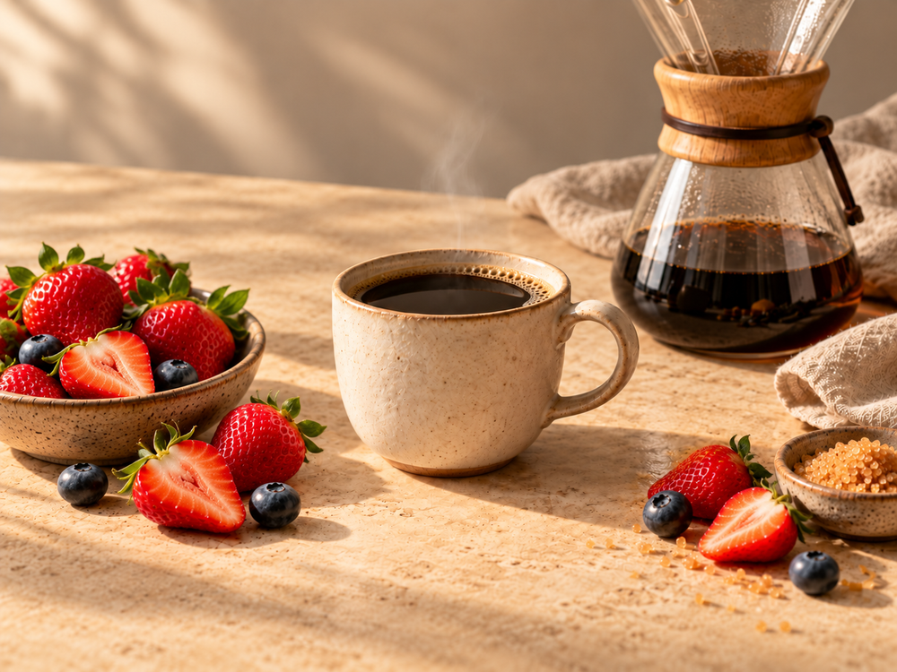 A rustic ceramic mug filled with black coffee sits on a wooden table beside a bowl of fresh strawberries and blueberries, with a glass pour-over coffee maker and small sugar bowl in the background.