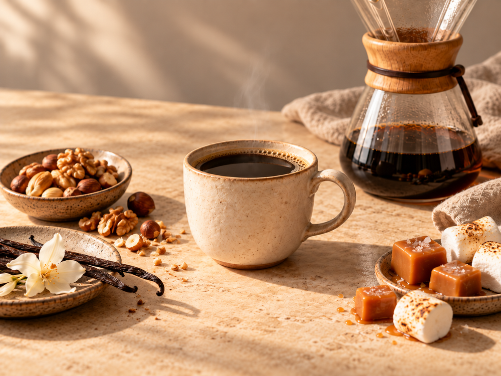 A warm, styled coffee scene with a beige ceramic mug filled with black coffee on a wooden table, alongside a glass Chemex-style coffee maker, nuts, vanilla beans, caramel cubes, and marshmallows in soft sunlight.