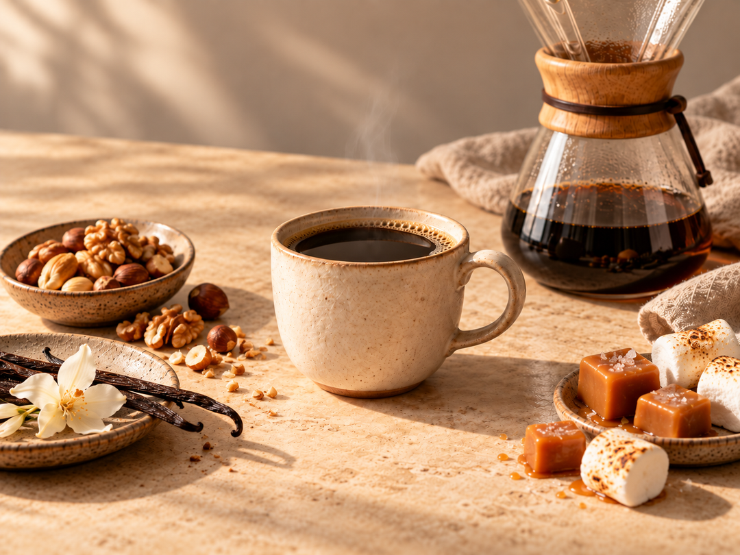 A warm, styled coffee scene with a beige ceramic mug filled with black coffee on a wooden table, alongside a glass Chemex-style coffee maker, nuts, vanilla beans, caramel cubes, and marshmallows in soft sunlight.
