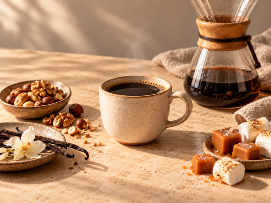 A warm, styled coffee scene with a beige ceramic mug filled with black coffee on a wooden table, alongside a glass Chemex-style coffee maker, nuts, vanilla beans, caramel cubes, and marshmallows in soft sunlight.