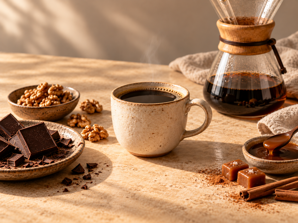 A warm, rustic tabletop scene with a beige ceramic mug filled with black coffee, a glass pour-over coffee maker, bowls of chocolate pieces, walnuts, cinnamon, and caramel, all arranged on a beige cloth under warm directional sunlight.