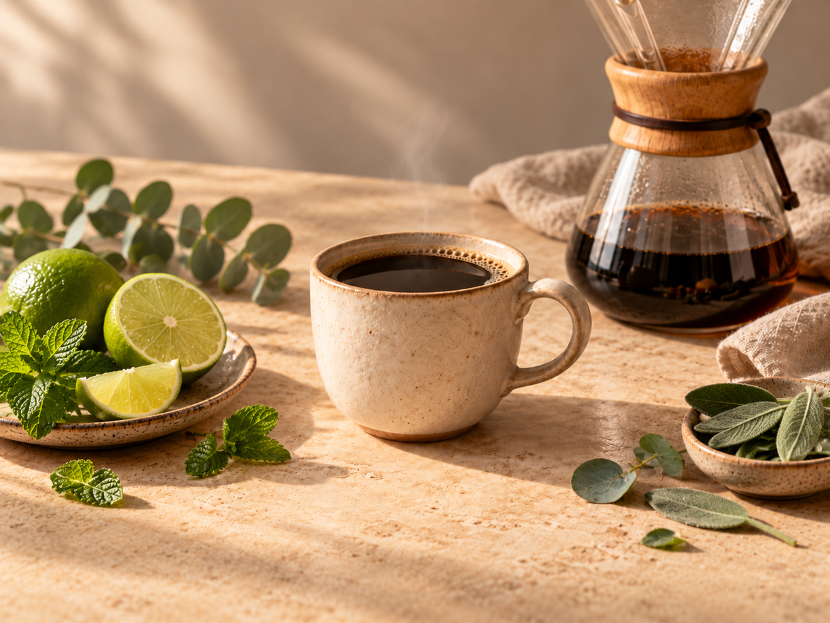A ceramic mug filled with black coffee sits on a wooden table beside a glass pour-over coffee maker, with limes, mint, and sage leaves arranged around it in warm natural light.
