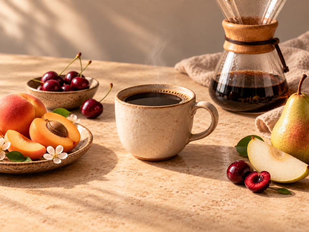 A warm, styled coffee scene on a wooden table with a beige ceramic cup of black coffee, a glass pour-over coffee maker, fresh peaches, cherries, a pear, and small white flowers in soft sunlight.