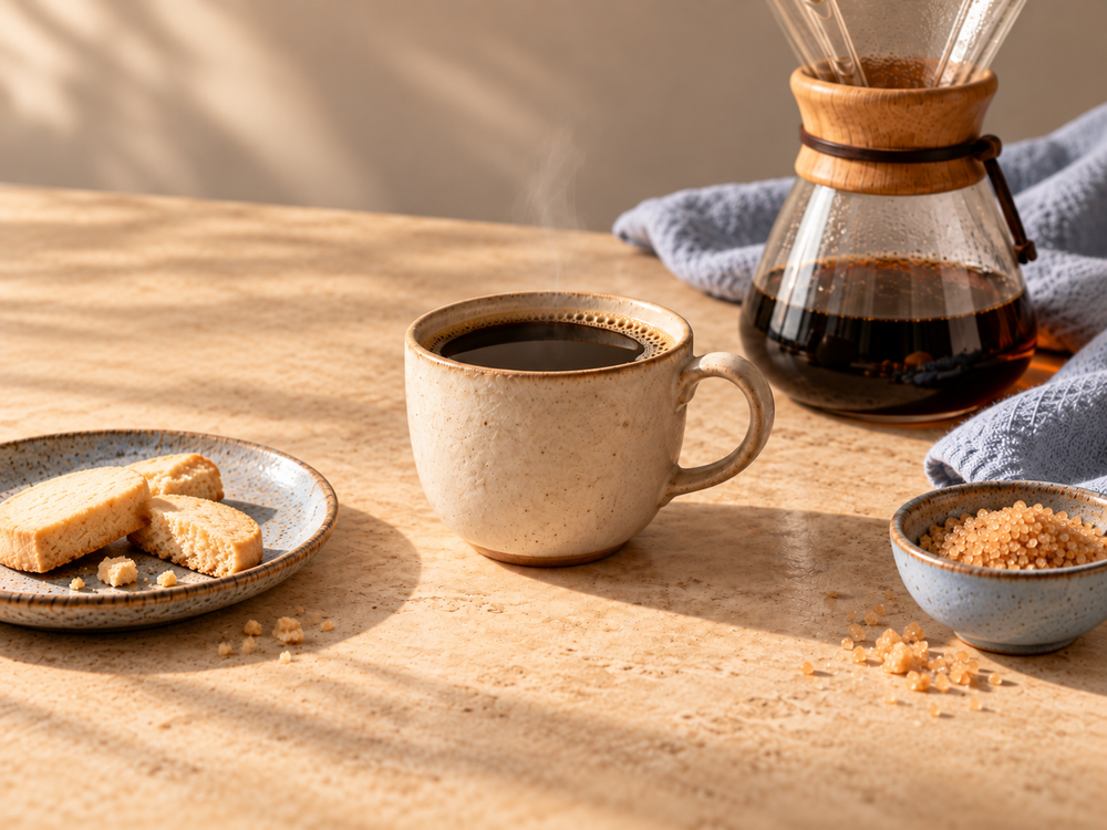 A warm, styled coffee scene on a sunlit wooden table. A speckled beige ceramic mug filled with black coffee sits in the center, with a glass pour-over coffee maker and dark coffee behind it, a small plate with biscotti on the left, and a small bowl of brown sugar on the right.