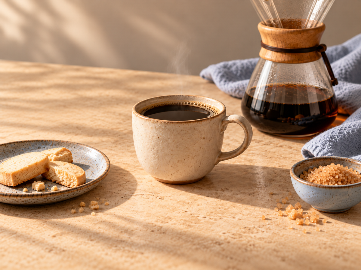 A warm, styled coffee scene on a sunlit wooden table. A speckled beige ceramic mug filled with black coffee sits in the center, with a glass pour-over coffee maker and dark coffee behind it, a small plate with biscotti on the left, and a small bowl of brown sugar on the right.