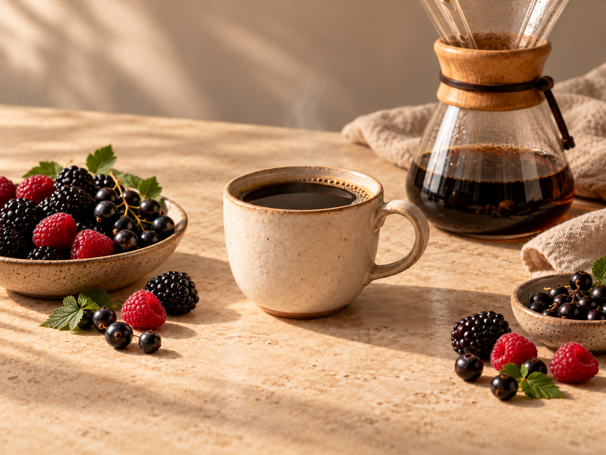 A warm, rustic coffee scene with a beige ceramic cup of black coffee centered on a wooden table, surrounded by bowls of fresh blackberries, raspberries, and blueberries. A glass pour-over coffee maker with a wooden collar sits in the background on a beige cloth.