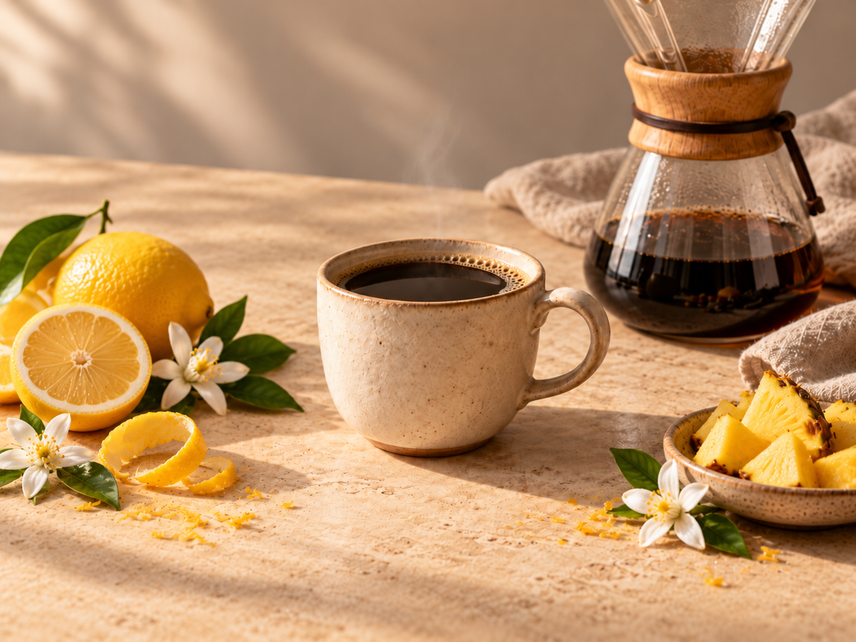 A warm, styled coffee scene with a beige ceramic mug filled with black coffee, a glass pour-over coffee maker, lemons, pineapple, and white flowers on a sunlit wooden table.